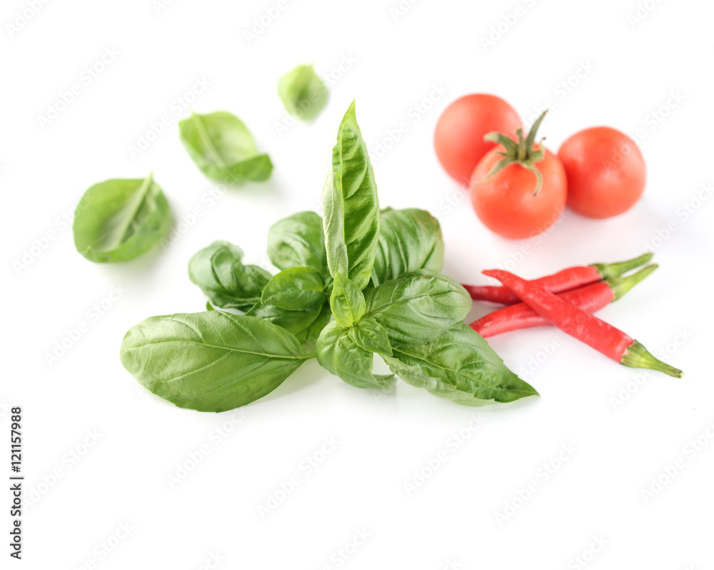 fresh basil, cherry tomatoes, chili peppers mini on a white background fresh basil, cherry tomatoes, chili peppers mini on a white background