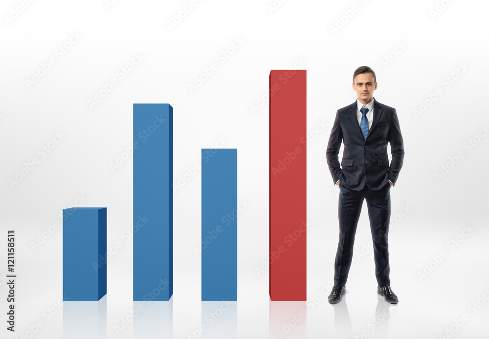 Businessman standing beside bar of rising graph isolated on white background Businessman standing beside bar of rising graph isolated on white background