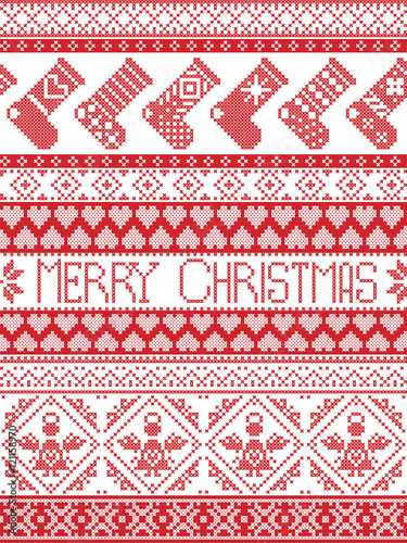 Merry Christmas Tall Scandinavian Printed Textile style and inspired by Norwegian Christmas and festive winter seamless pattern in cross stitch with stockings ,heart, angel, decorative ornaments 