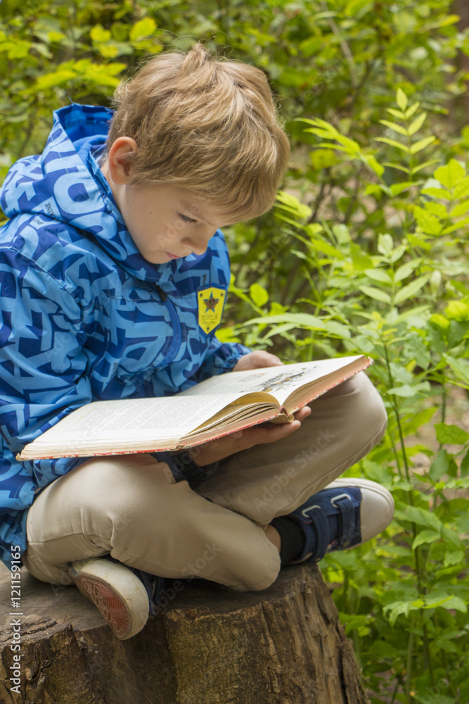 Little boy reading a book on the big stump Little boy reading a book on the big stump