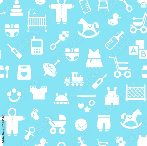 Products for children, background, seamless, blue. Vector colored background with clothes, toys and personal items for newborns and young children. White icons on a light blue background. 