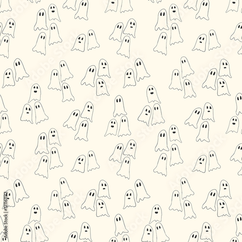 Seamless pattern with hand drawn ghosts on cream background.