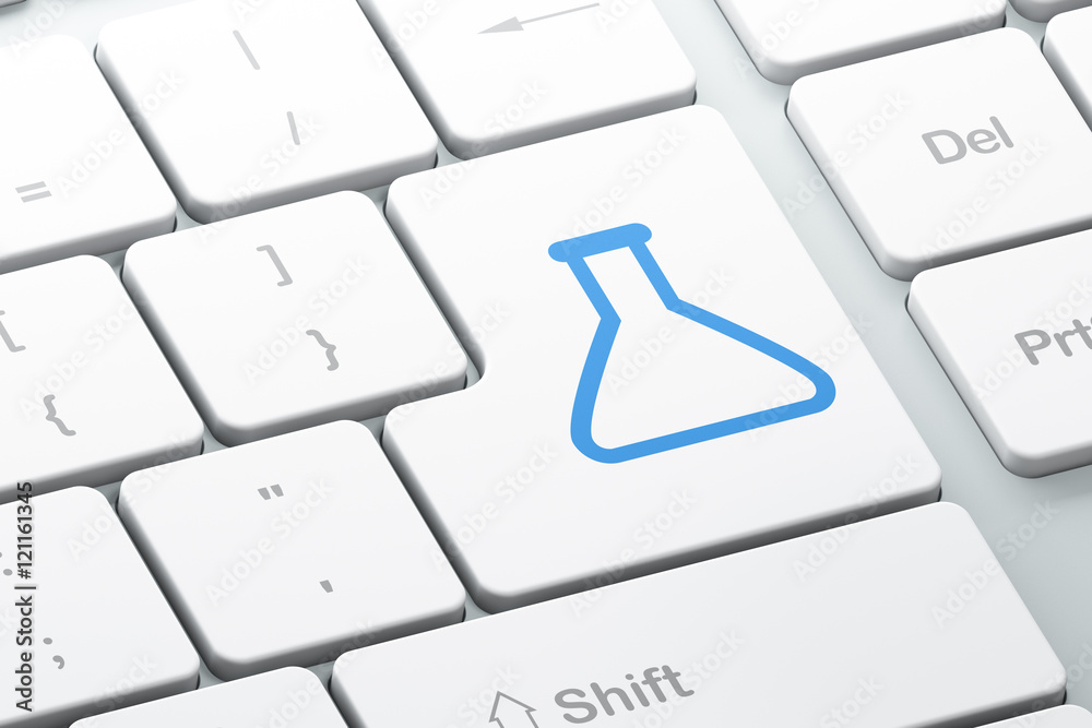 Science concept: Flask on computer keyboard background Science concept: Flask on computer keyboard background