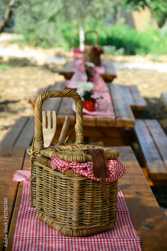 Kids on picnic outdoors in the village yard