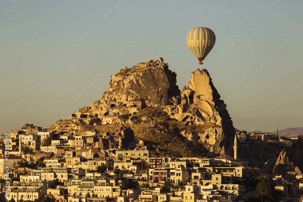 Balloon over Uchisara Village in Cappadocia, Turkey