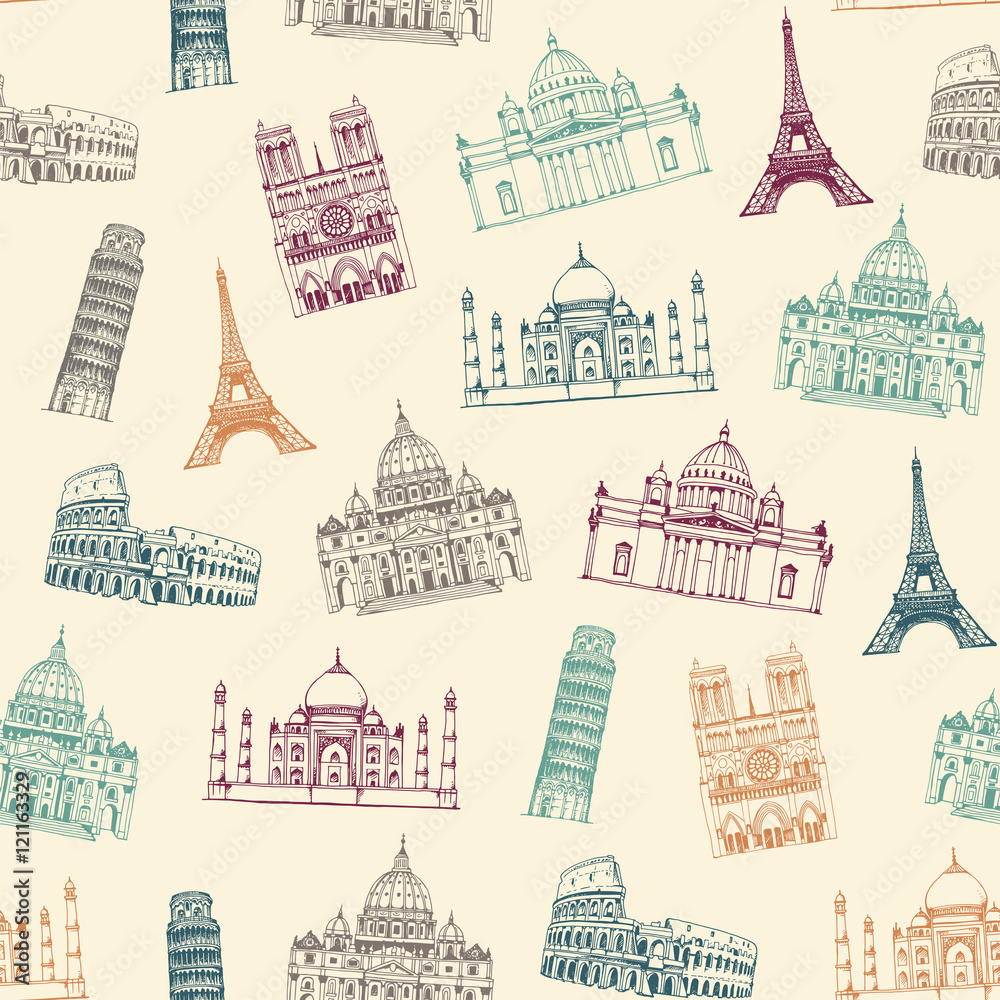 Famous landmarks of world pattern, seamless background