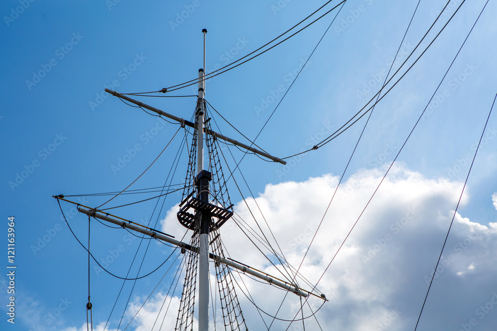 Ship's mast sailboat, romance of travel and far wandering. Background marine themes. Ocean transport ship under sail. Ship's mast sailboat, romance of travel and far wandering. Background marine themes. Ocean transport ship under sail.