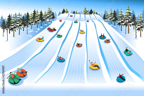 People Having Fun Sledding on Tubing Hill During Winter