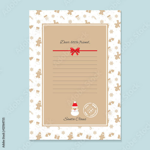 Christmas letter from Santa Claus template in golden trendy colors. layout in A4 size. Pattern with Gingerbread men and Mittens added in swatches.