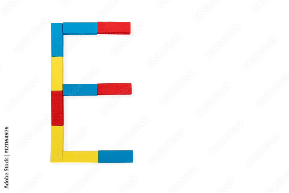 Letter E is folded of wooden blocks