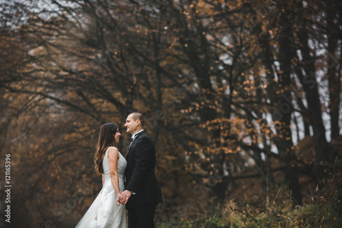 happy bride and groom posing in the autumn forest © teksomolika