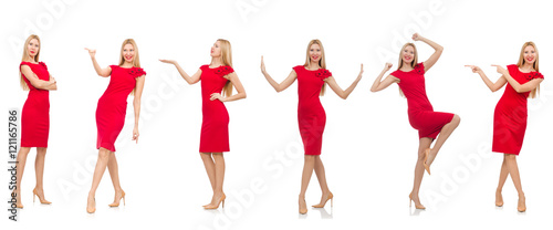 Woman in red dress isolated on white