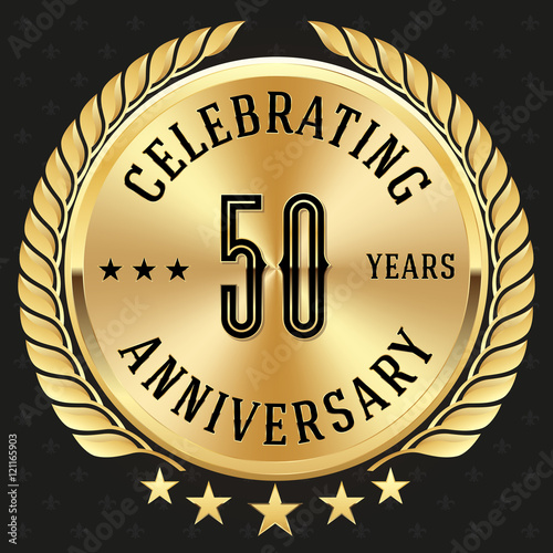 Gold celebrating 50 years badge, button on black background