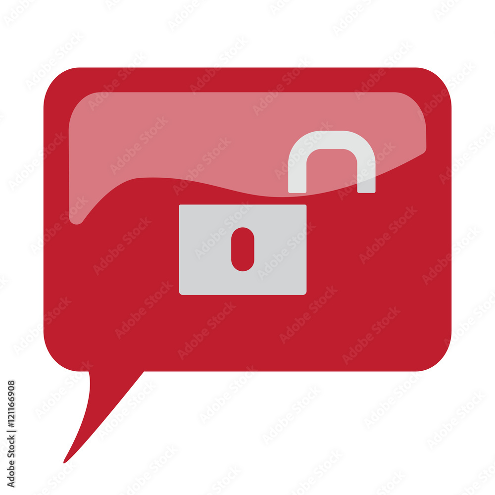 Red speech bubble with white Unlock icon on white background Red speech bubble with white Unlock icon on white background