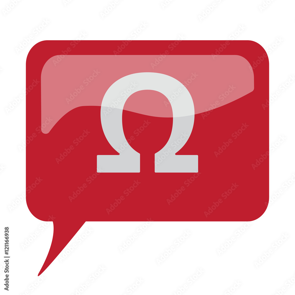 Red speech bubble with white Omega icon on white background Red speech bubble with white Omega icon on white background