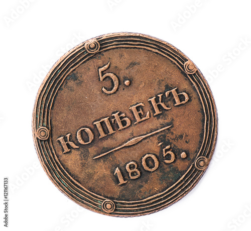 Фотография numismatics, old copper Russian 5 cents 1805