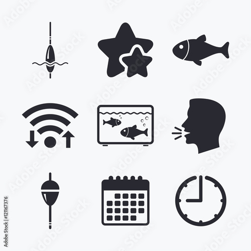 Fishing icons. Fish with fishermen hook symbol.