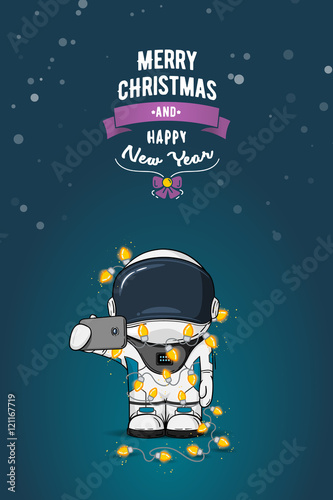Hand drawn flat vector illustration. Cartoon astronaut in spacesuit with garland of Christmas lights. Greeting card.
