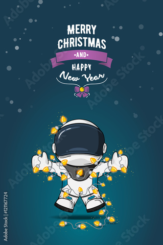 Hand drawn flat vector illustration. Cartoon astronaut in spacesuit with garland of Christmas lights. Greeting card.