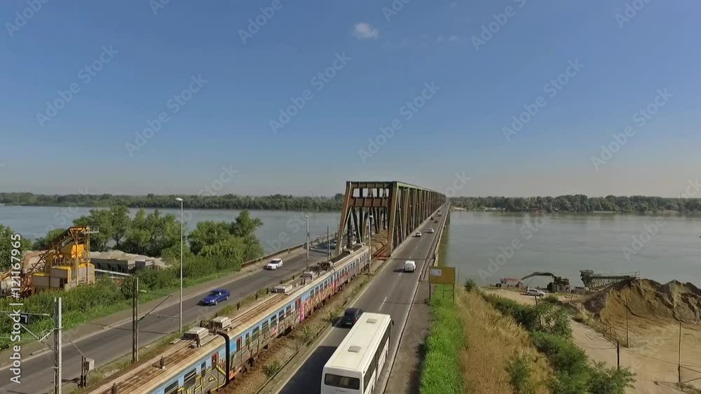 Aerial view of the Pancevo bridge.Flight over Pancevo bridge.Traffic on Pancevo bridge Aerial view of the Pancevo bridge.Flight over Pancevo bridge.Traffic on Pancevo bridge