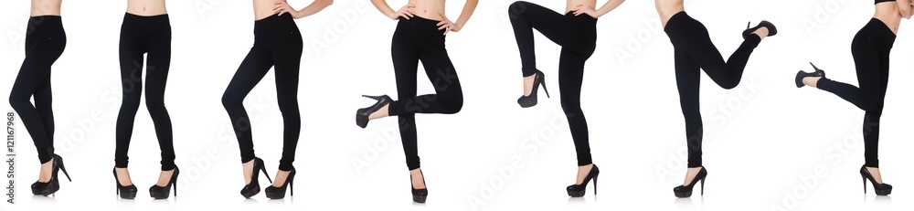 Black leggings in beauty fashion concept isolated on white Black leggings in beauty fashion concept isolated on white