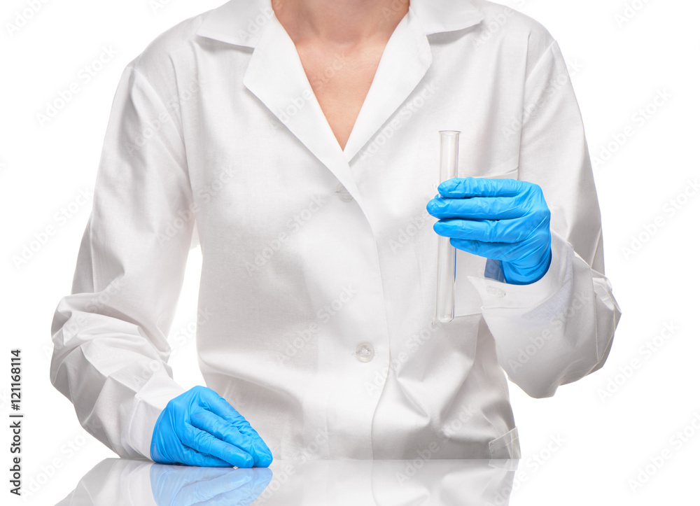 Female in gown and blue gloves holding empty test tube Female in gown and blue gloves holding empty test tube