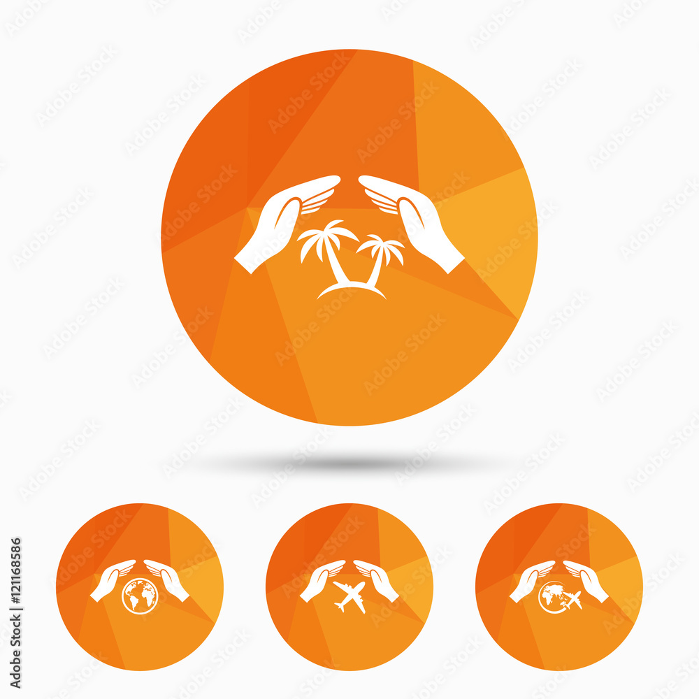 Obraz premium Hands insurance icons. Travel trip flights.