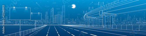 Automotive flyover, architecture and infrastructure panorama, transport overpass, billboards on highway, business center, night city, towers and skyscrapers, white lines urban scene, vector design art
