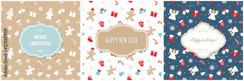 Christmas and Happy New Year greeting card templates set. Frames with seamless patterns can be used in different variations. For print and web.