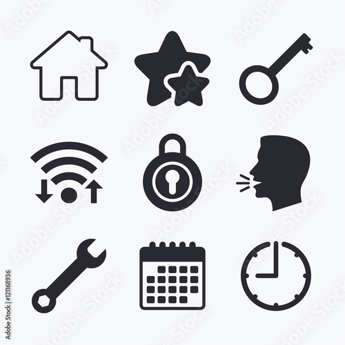Home key icon. Wrench service tool symbol.