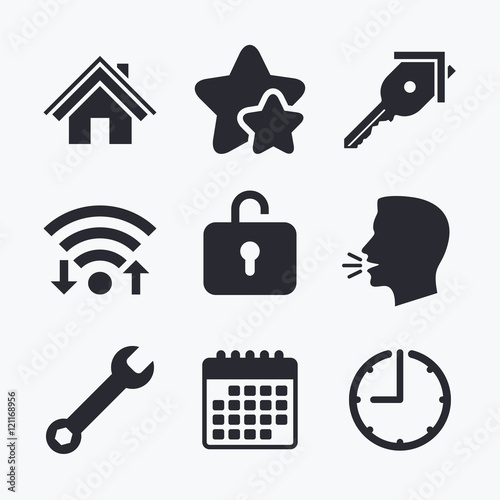 Home key icon. Wrench service tool symbol.