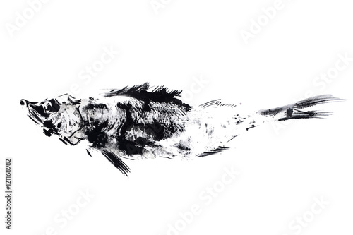 outline ink print on white ground, black fish stamp.