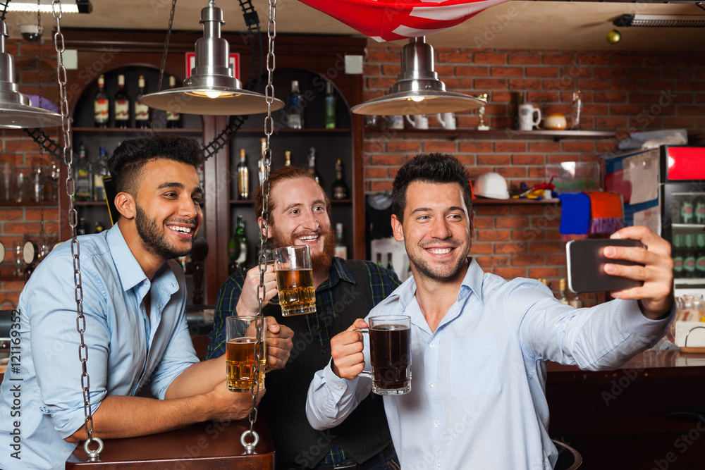 Man Group In Bar Taking Selfie Photo, Drinking Beer, Mix Race Cheerful Friends Meeting Communication