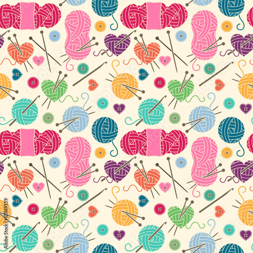 Seamless, Tileable Vector Background with Yarn, Knitting Needles and Crochet Hooks