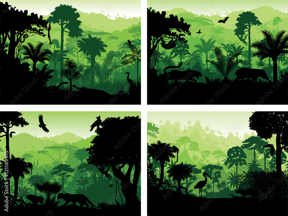 set of vector rainforest animals silhouettes in sunset design templates  Stock Vector | Adobe Stock