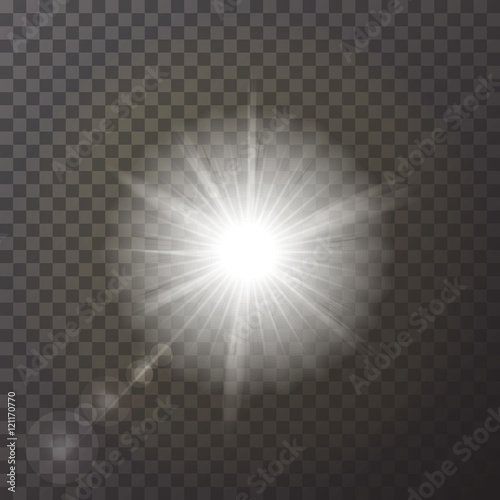 Transparent White glowing light burst explosion isolated on checker background. Realistic effect decoration with ray sparkles. Bright star. Shine gradient glitter, bright flare. Glare texture.