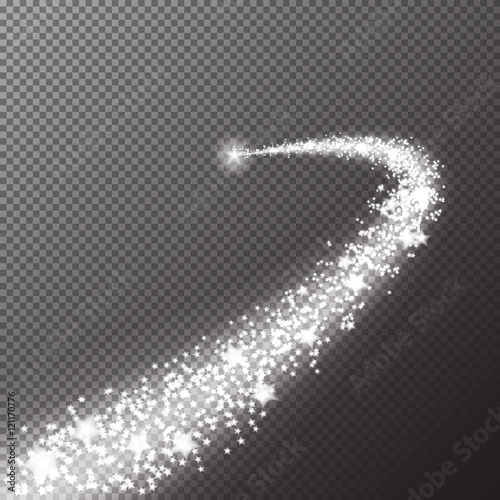Vector Transparent sparkling falling star isolated on checkered background. Stardust trail. Cosmic glittering wave. Stars road. Meteoroid, Comet, Asteroid way. Fashion decoration, magic effect.