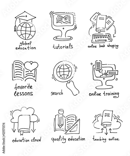 sketch icons distance education and online learning concept