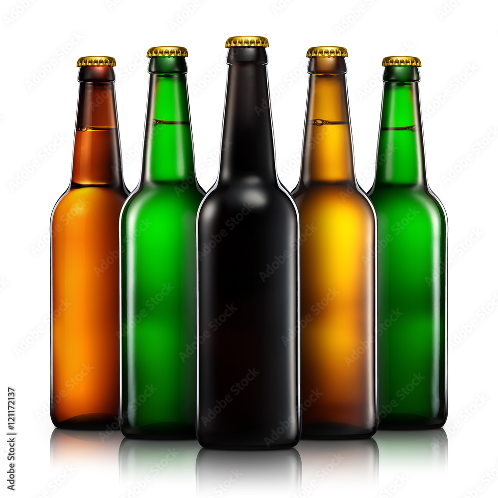 Set of beer bottles with clipping path isolated on black background Set of beer bottles with clipping path isolated on black background