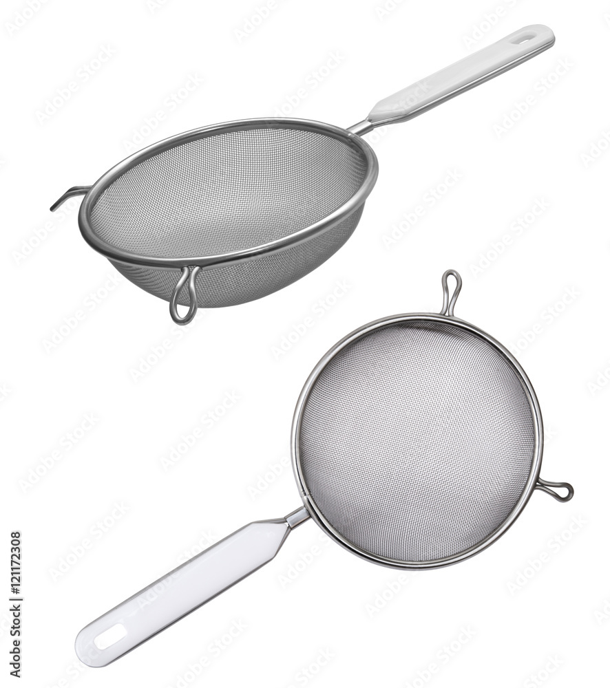 Metal sieve with a plastic handle isolated on white background Metal sieve with a plastic handle isolated on white background