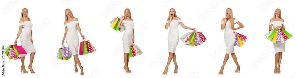 Woman with shopping bags isolated on white