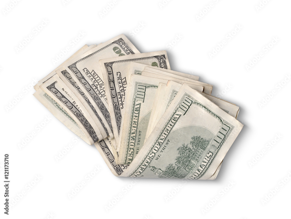 one hundred dollar bills folded in half and isolated one hundred dollar bills folded in half and isolated