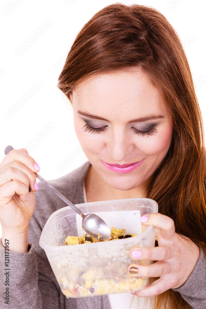 Woman eat oatmeal with dry fruits. Dieting Woman eat oatmeal with dry fruits. Dieting