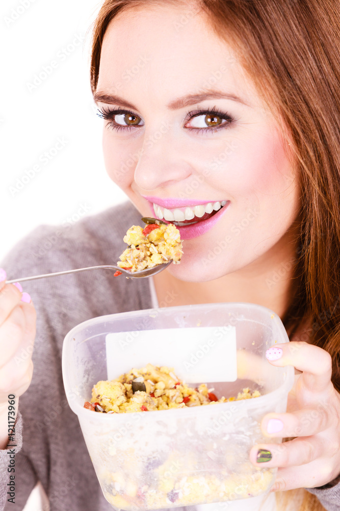Woman eat oatmeal with dry fruits. Dieting Woman eat oatmeal with dry fruits. Dieting