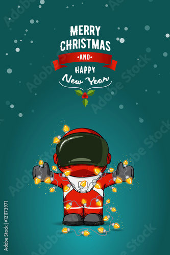 Hand drawn flat vector illustration. Cartoon astronaut in spacesuit with garland of Christmas lights. Greeting card.