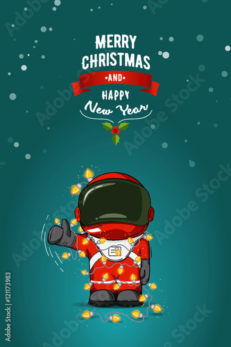 Hand drawn flat vector illustration. Cartoon astronaut in spacesuit with garland of Christmas lights. Greeting card.
