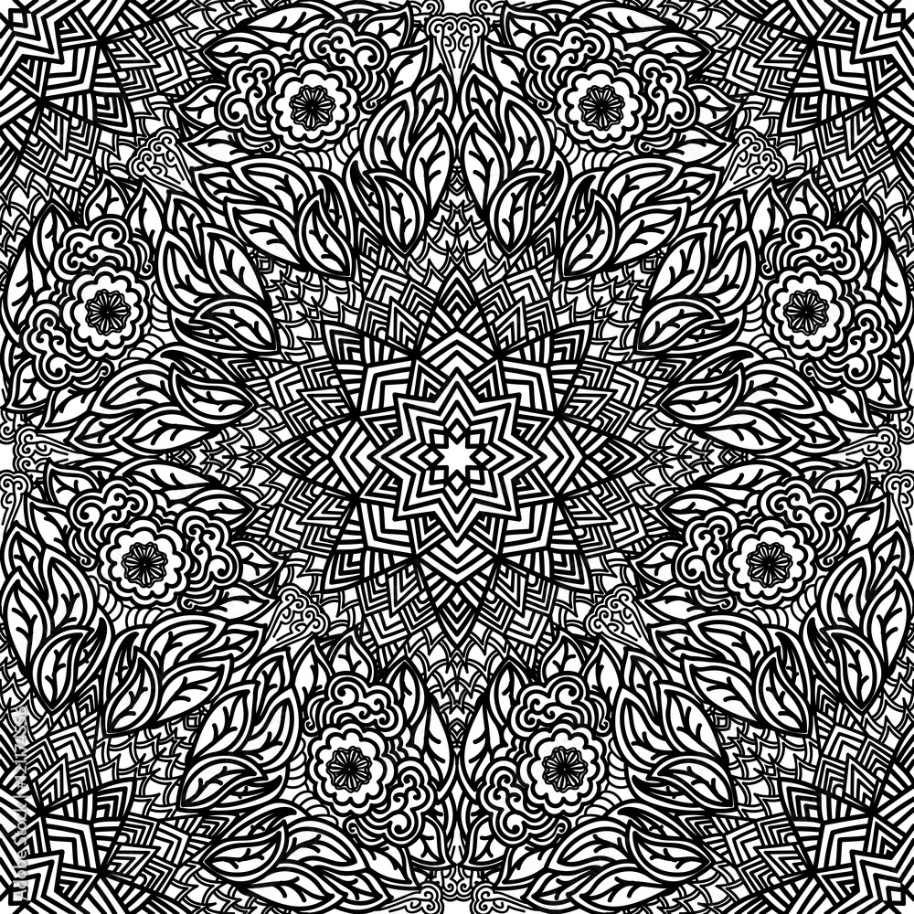 Seamless floral pattern of circular ornaments. Black and white monochrome ornament of mandalas in zentangle style.