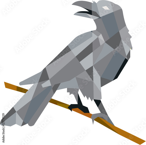 Crow Perching Looking Back Low Polygon