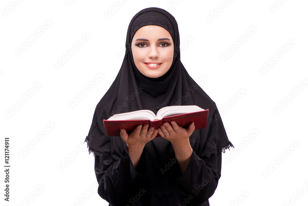 Muslim woman in black dress isolated on white