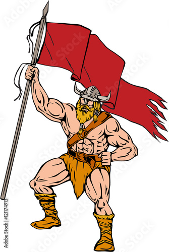 Viking Warrior Brandishing Red Flag Retro